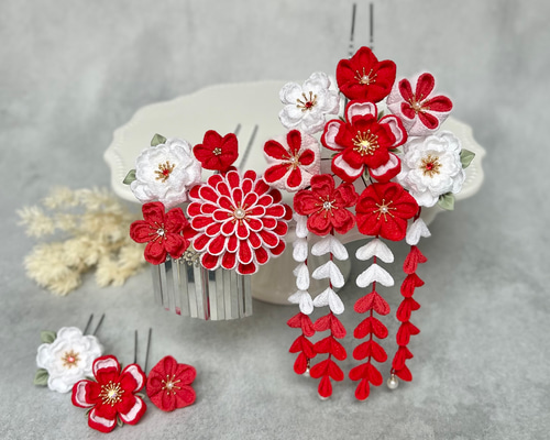 つまみ細工 かんざしセット（7歳さん以上向け）紅白 赤 *七五三 *髪
