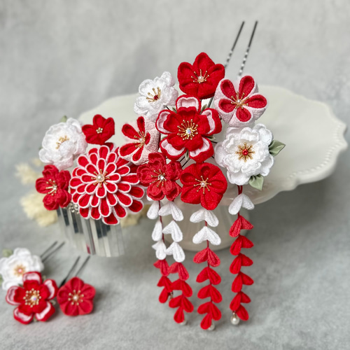 つまみ細工 かんざしセット（7歳さん以上向け）紅白 赤 *七五三 *髪