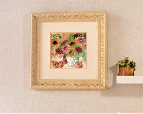 七宝焼アートフレーム 「ひまわりとザクロ」 京七宝 染型七宝 ゴッホの