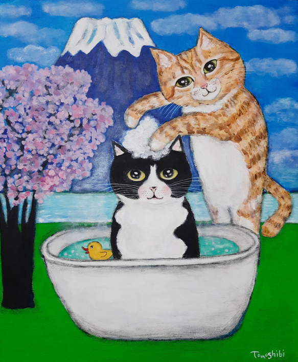 原画 「富士山と桜とたのしいおふろネコ」 F8号 ＃黒白猫 ＃ハチワレ猫