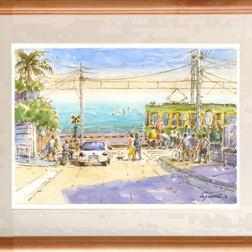 注文制作します 水彩画原画 江ノ電・鎌倉高校前駅踏切風景 ＃474 絵画