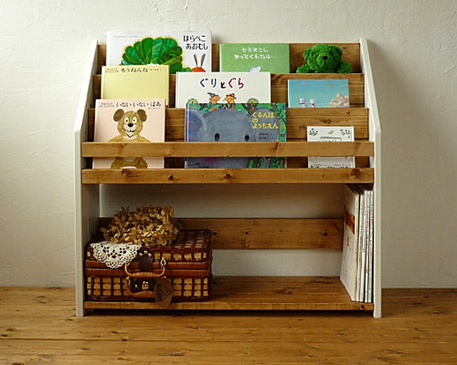 木製ブックシェルフ*絵本収納棚*アンティークブラウン×白80 本棚・絵