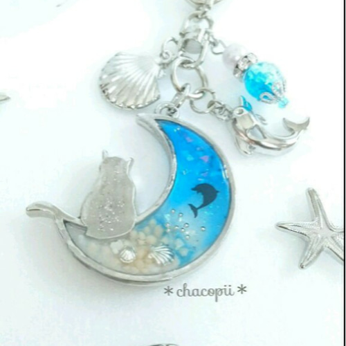 星の砂＊夏 ジャンプ イルカ＊ 三日月 猫 レジン キーホルダー