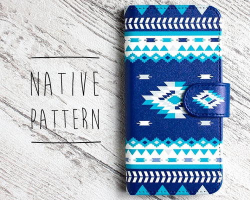 ネイティブ柄01(オルテガ柄) ブルー iPhoneケース手帳型 iPhone17Pro