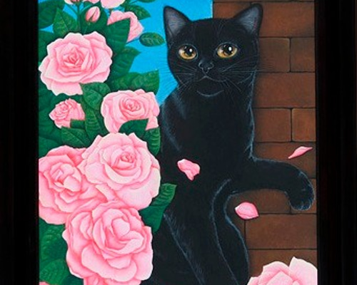 原画#3097 黒猫 猫 薔薇 花 水彩画 ドローイング インテリア アート 絵
