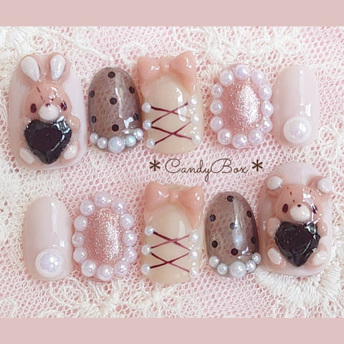 うさぎとくまのぬいぐるみ*淡色ネイルチップ ネイルチップ（つけ爪