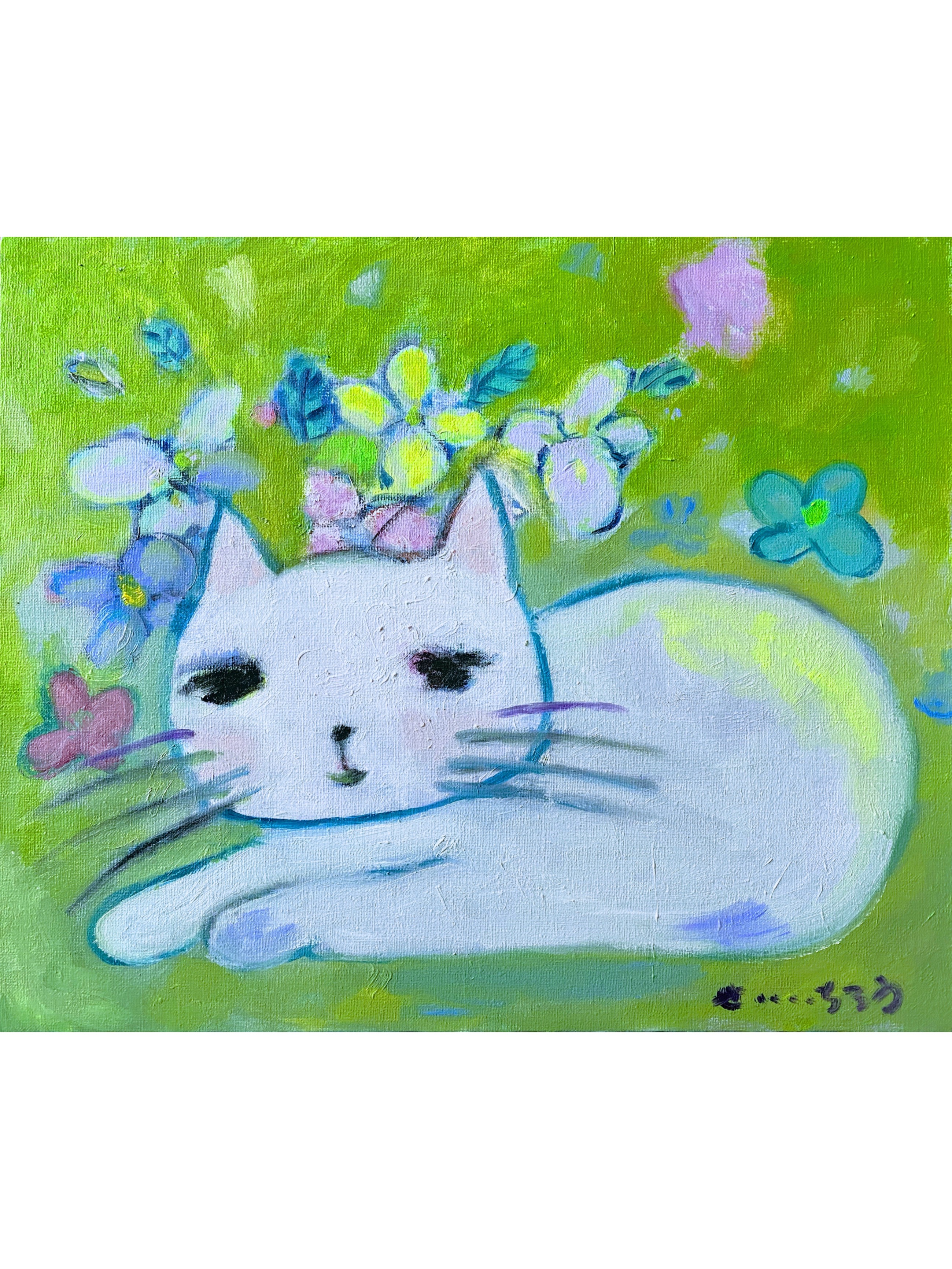 油絵 専用 三代そろった猫と青い花 油絵 専用 三代そろった猫と青い花