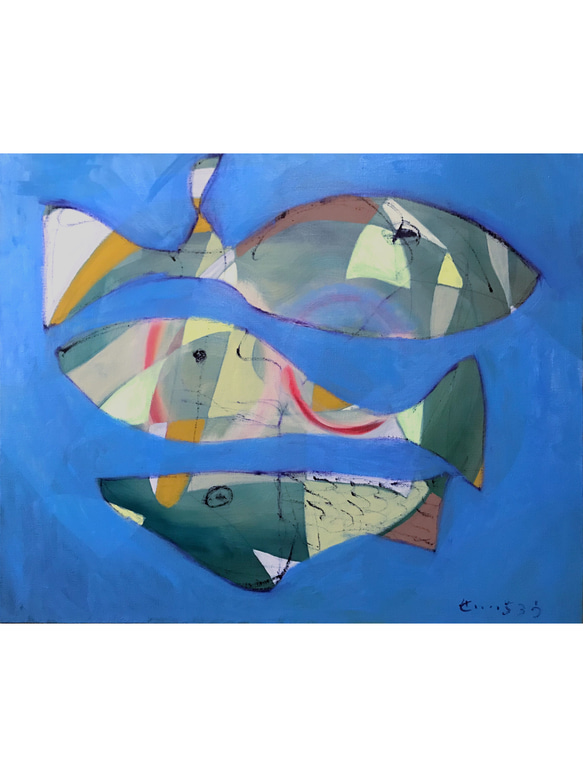 fish-ish】F15 絵画 原画 油絵 油彩 キャンバス 抽象画 魚の絵 魚 北欧