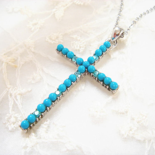 ターコイズカラーのシンプルクロス＊ペンダントトップ ブルーの十字架
