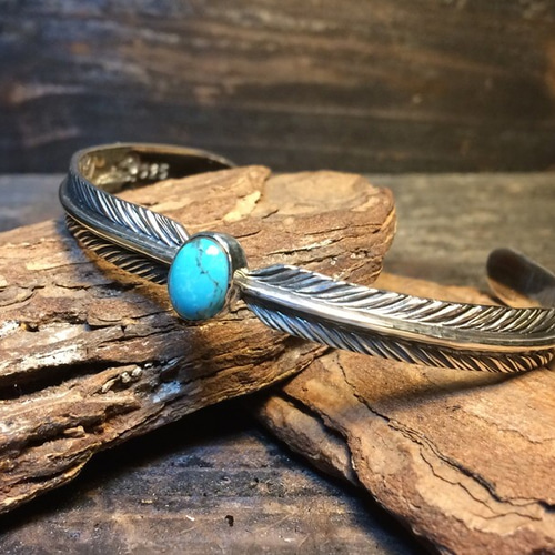 ダブルフェザーバングル(XS)×ターコイズ バングル・リストバンド 彫金