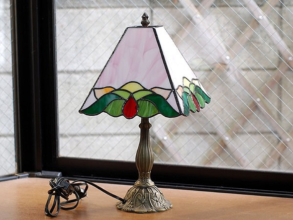 ステンドグラス・ピンクと緑の四面ランプ 347 スタンドライト
