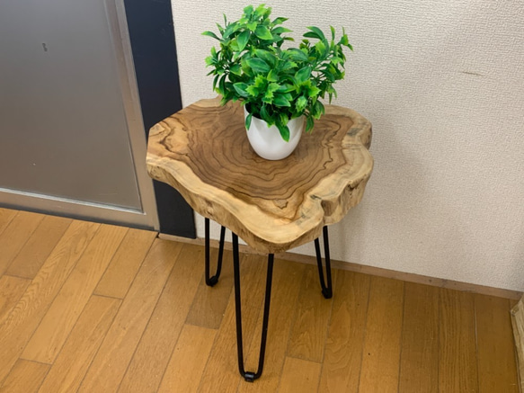 送料無料】チーク 切り株 木目天板 鉄脚テーブル サイドテーブル