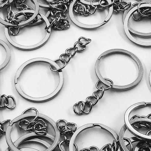 送料無料 平キーリング 25mm シルバー 50個 丸カン チェーン付き 銀色
