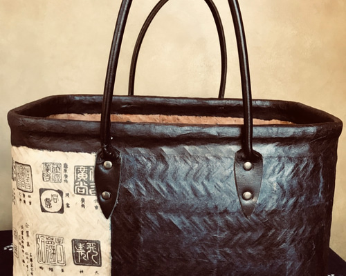一閑張 籠 ショッピングバック 和モダン 和紙 柿渋 かごバッグ 白猫堂