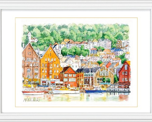 水彩で描く風景画『ベンゲル ノルウェー』ジグレ版画 水彩画 A4