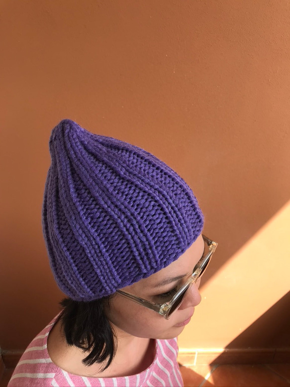 フランス製 ニットキャップ パープル ロング丈 佐藤繊維社モヘア糸使用