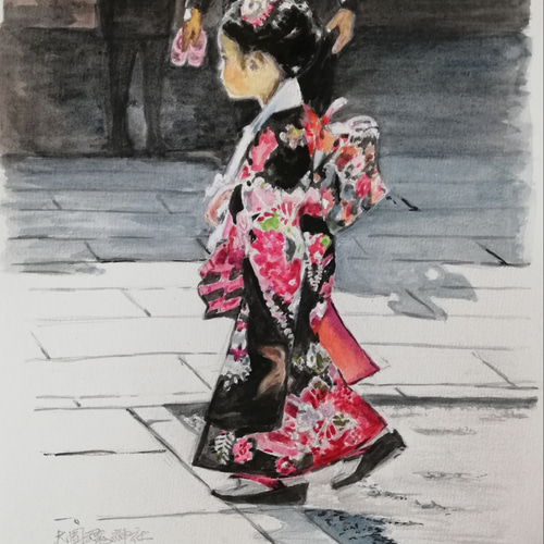 水彩画原画 着物を着てる女の子 絵画 Lin 通販 6449958｜Creema