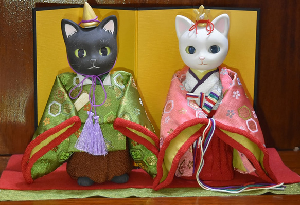 陶器の猫雛 猫の種類を選べます 屏風や敷物つき お雛様 ひな祭り
