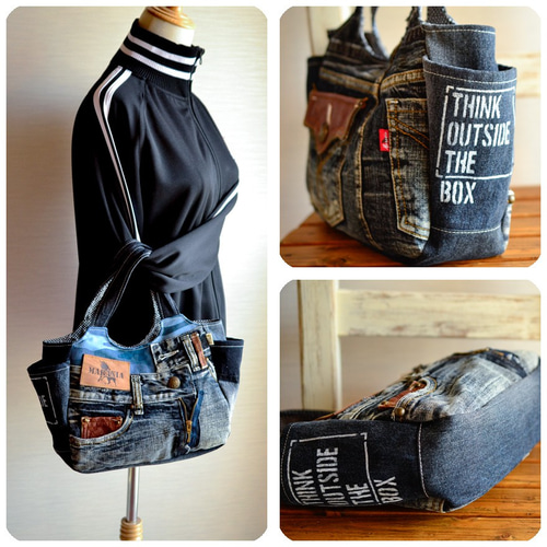 デニムリメイク＊サイドポケットトートバッグ：13 トートバッグ 柚柊