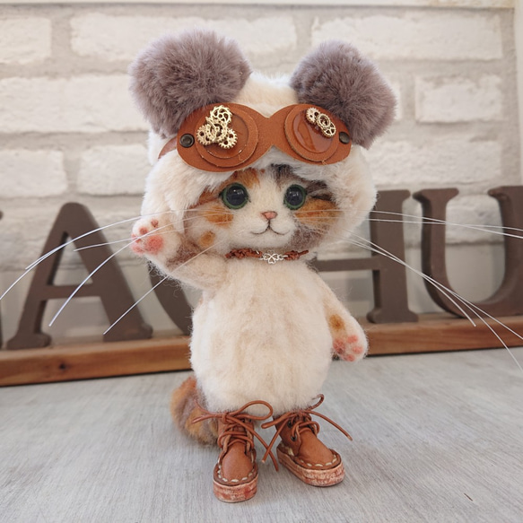 冬支度のごーぐるにゃんこ 三毛猫 ぬいぐるみ（Sサイズ） 羊毛フェルト