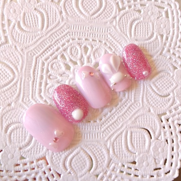 うさぎ/パステルピンク/3Dうさぎアート/パール/リボン/うさぎネイル