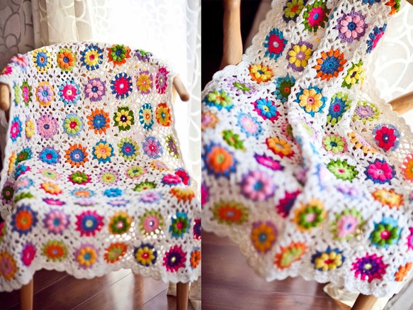 かぎ針編み お花 モチーフ ひざ掛け❁ポップコーン【アクリル