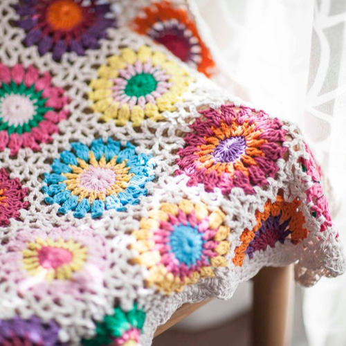 ハンドメイドかぎ針編み お花 モチーフ編み ひざ掛け❁光❁手作り