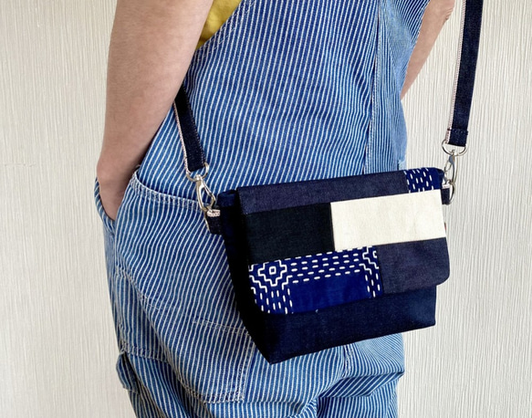 藍染め刺し子×岡山デニム×倉敷帆布のパッチワークミニショルダーバッグ