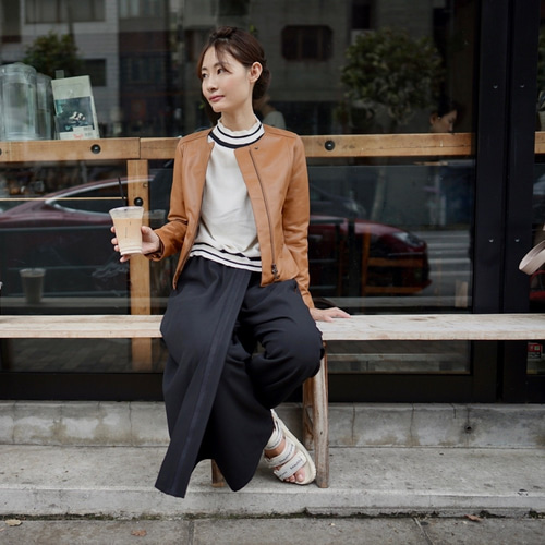 ﾓﾘﾉｶﾞｯｺｳ Lサイズ ラムレザーノーカラージャケットブルゾン (レザー