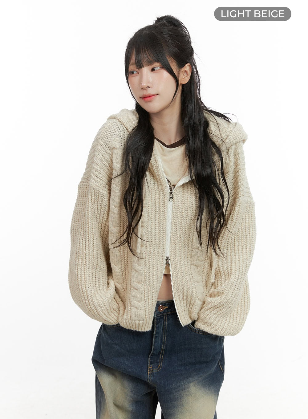 Oversized Cable Knit Zip-Up Hooded Sweater CG421 - Acubi style