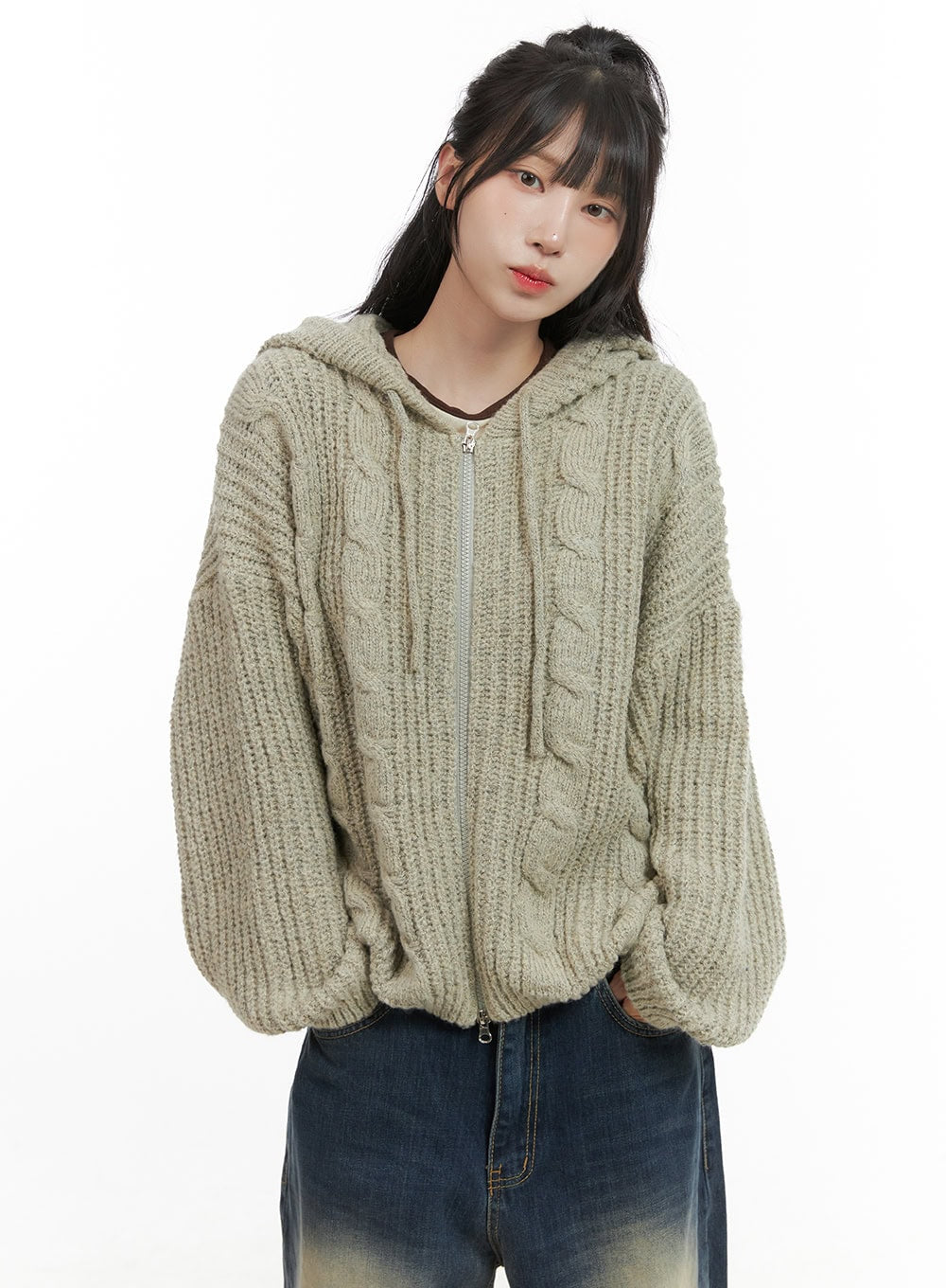 Oversized Cable Knit Zip-Up Hooded Sweater CG421 - Acubi style