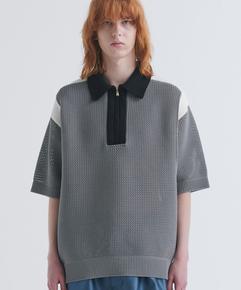 30%OFF【CULLNI(クルニ)】Bi Color Mesh Knit Zip Up Polo Shirt