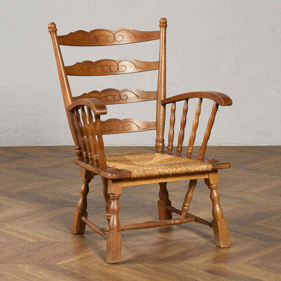 ①】ラダーバックチェア ヴィンテージ オーク材 無垢材 民芸家具 ①