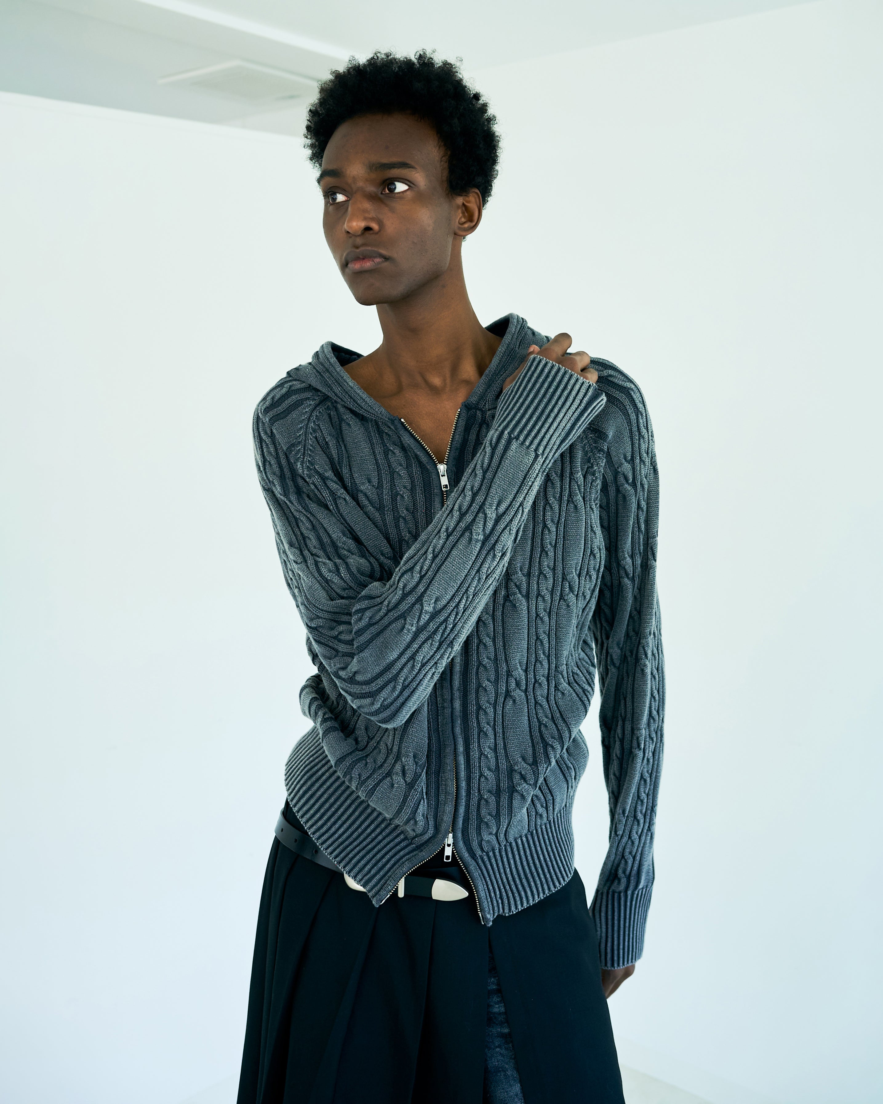 STONE WASH DOUBLE ZIP CABLE KNIT HOODIE – CAMPHOR WOOD - OFFICIAL