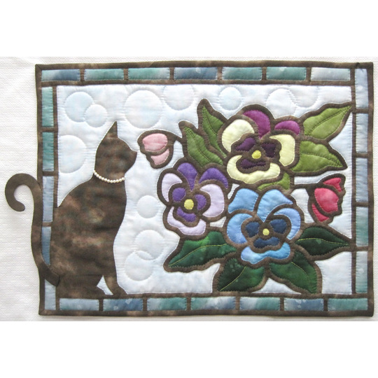 リバースアップリケのタペストリー「猫＆パンジー」 商品詳細