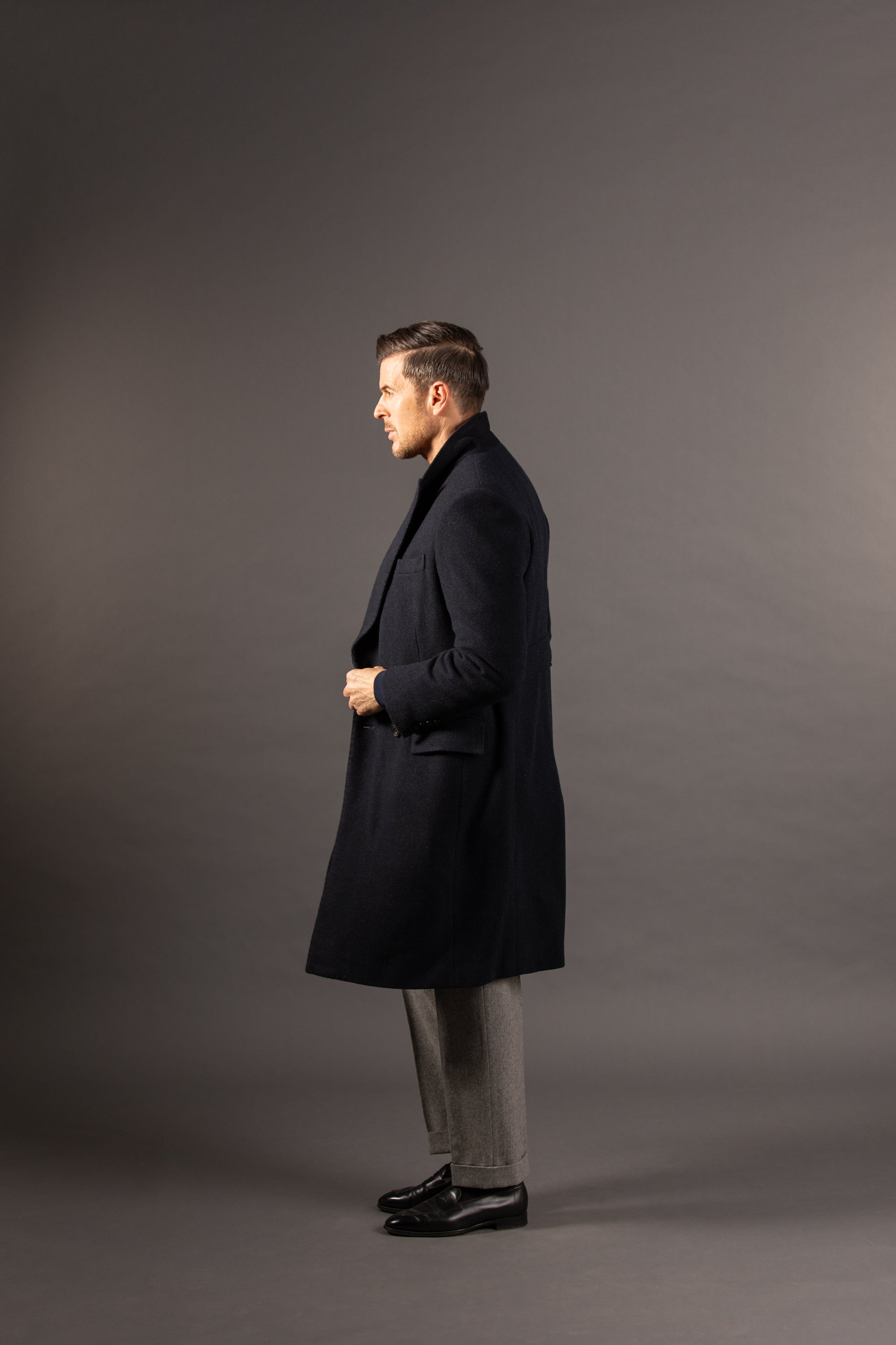 Double Breasted Peak Lapel Overcoat in Navy Herringbone – Cad