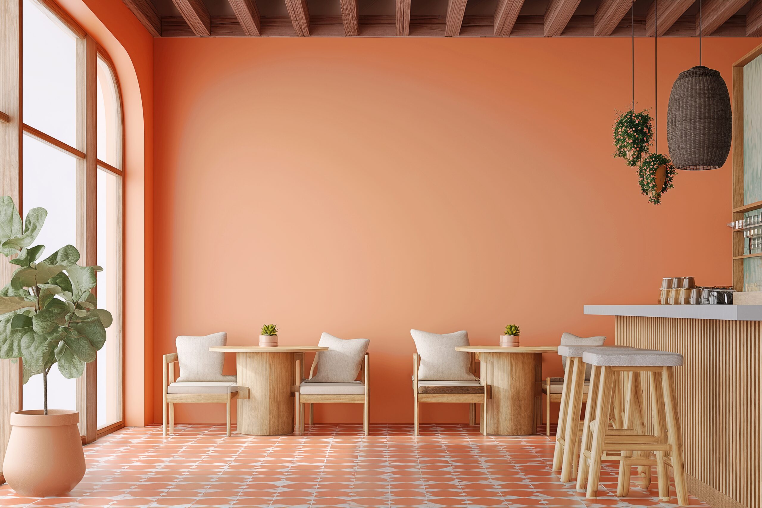 淡いオレンジカラーのオシャレなカフェ店内画像・インテリアのフリー