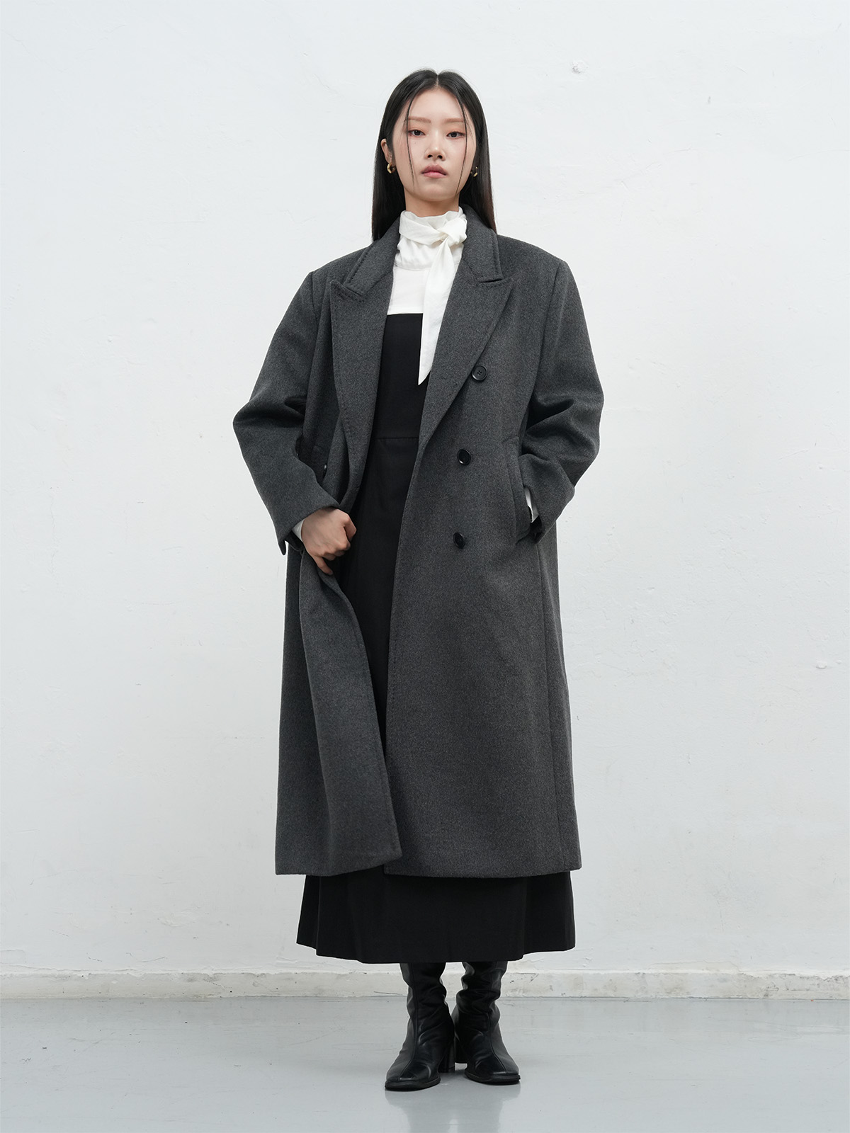 WOMAN ダブルブレストウールロングコート [CHARCOAL]