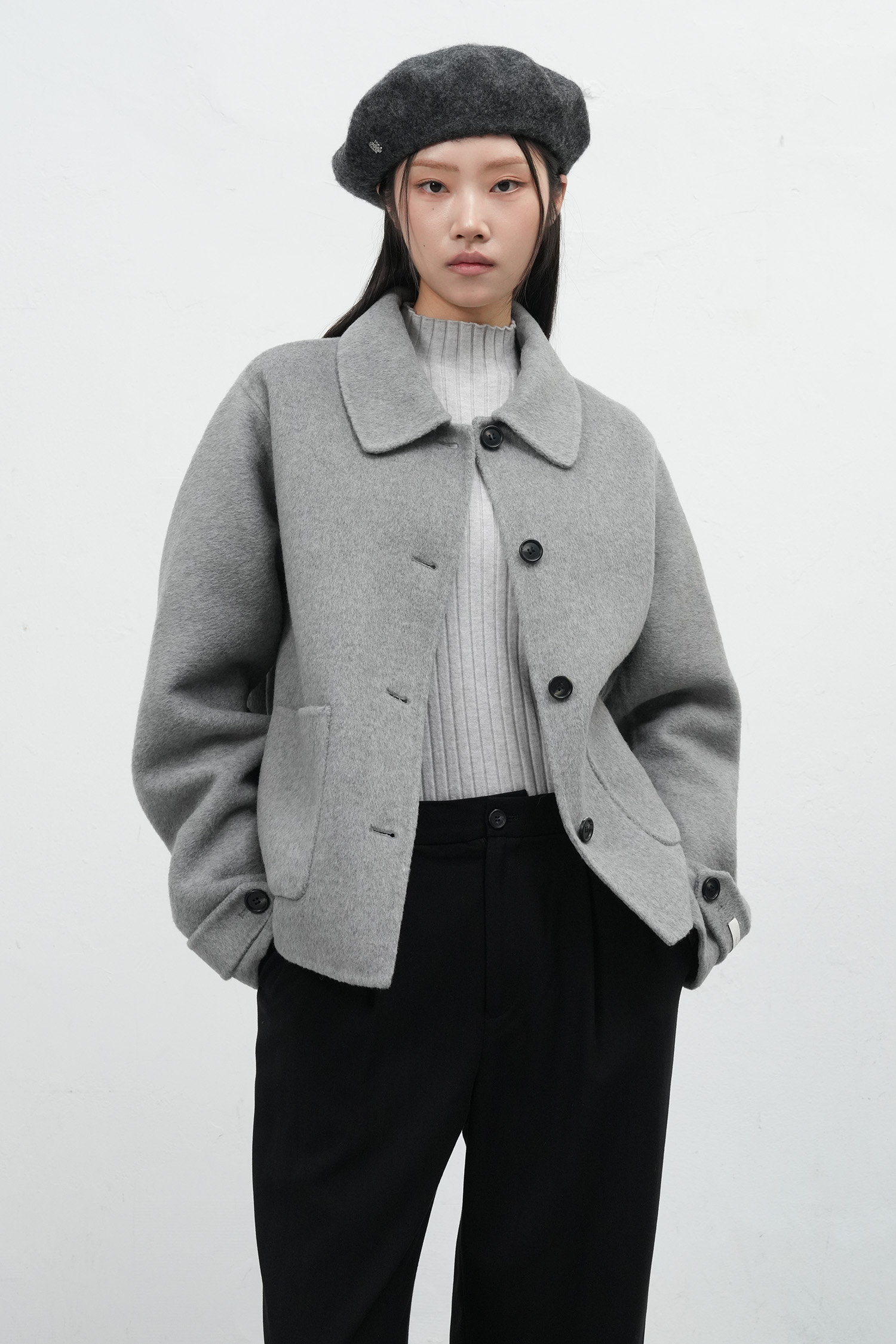 WOMAN ウール襟付きハンドメイドショートコート [MELANGE GREY]