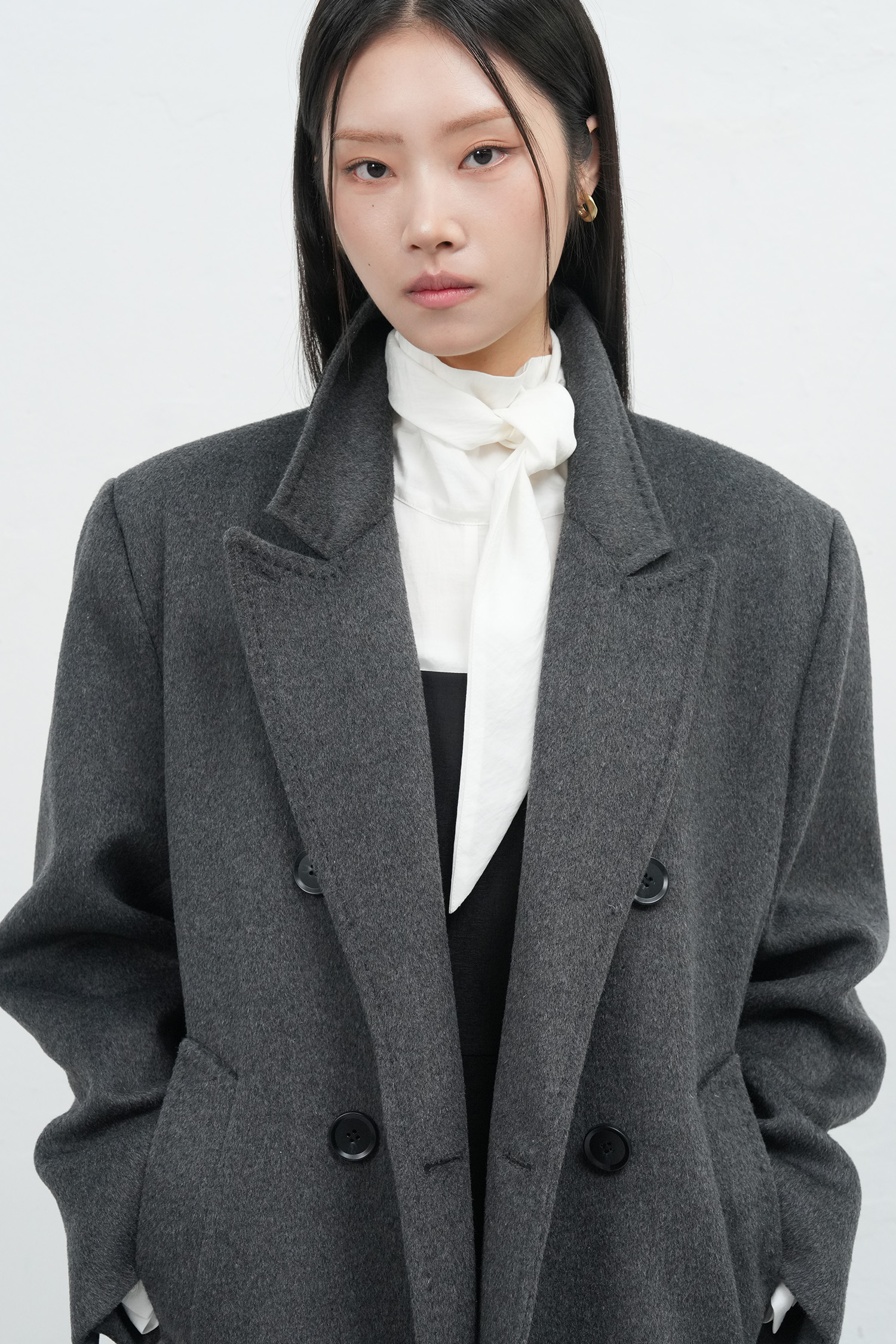 WOMAN ダブルブレストウールロングコート [CHARCOAL]