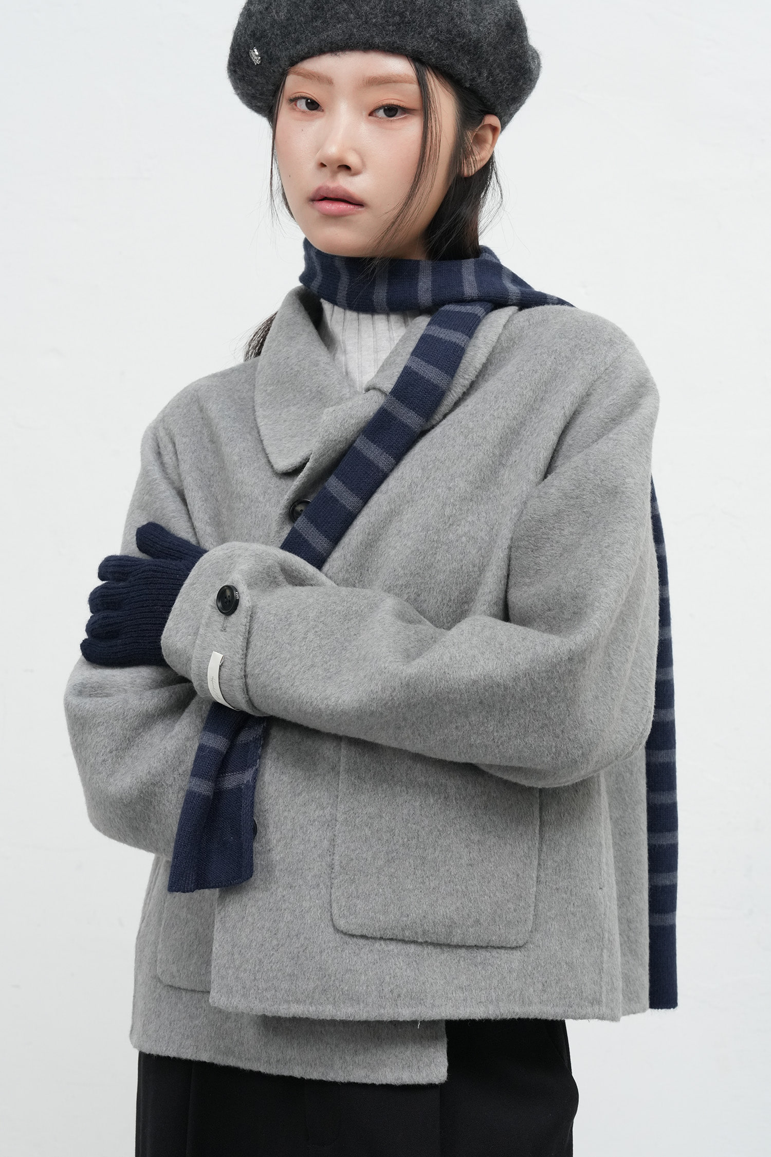 WOMAN ウール襟付きハンドメイドショートコート [MELANGE GREY]