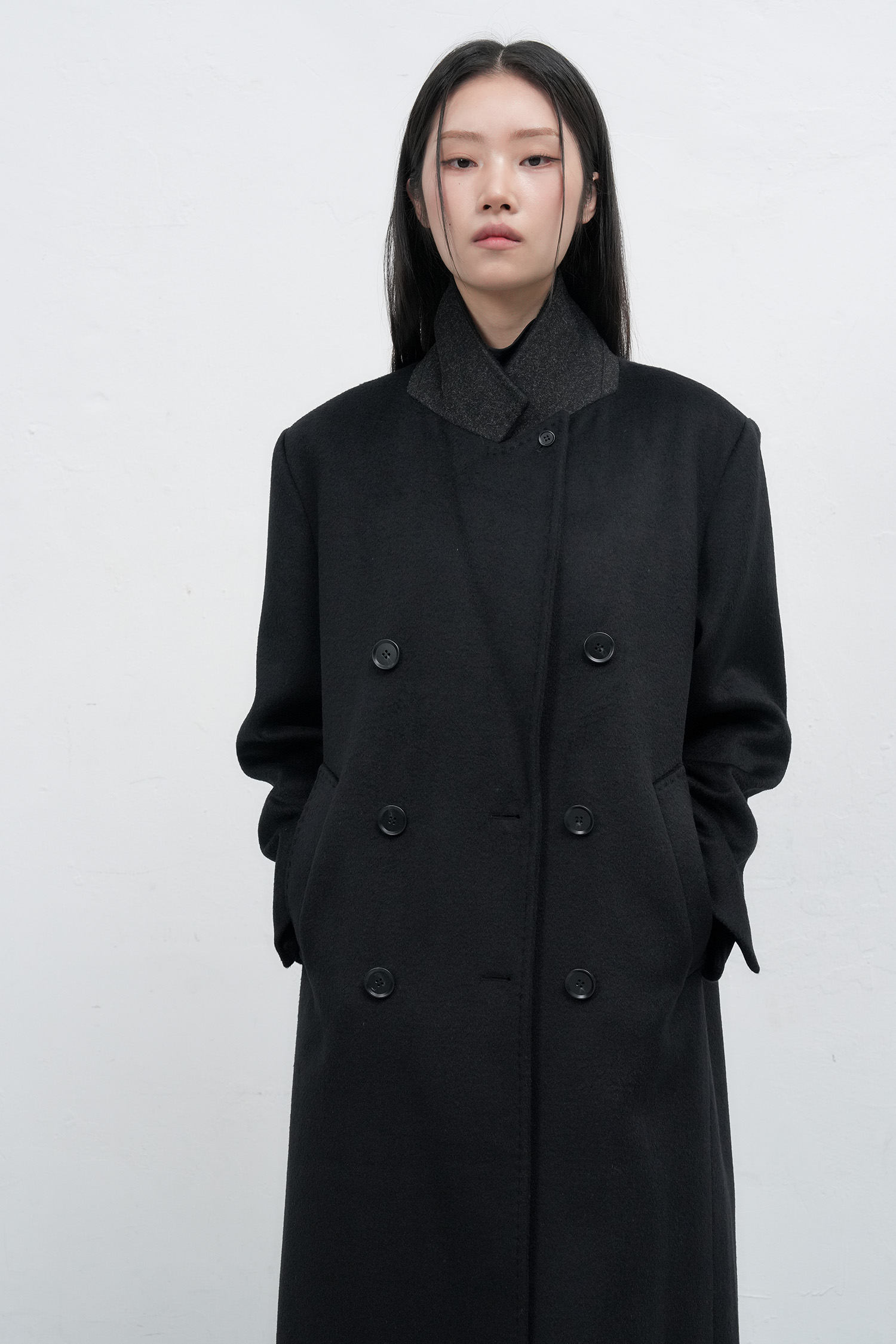 WOMAN ダブルブレストウールロングコート [BLACK]