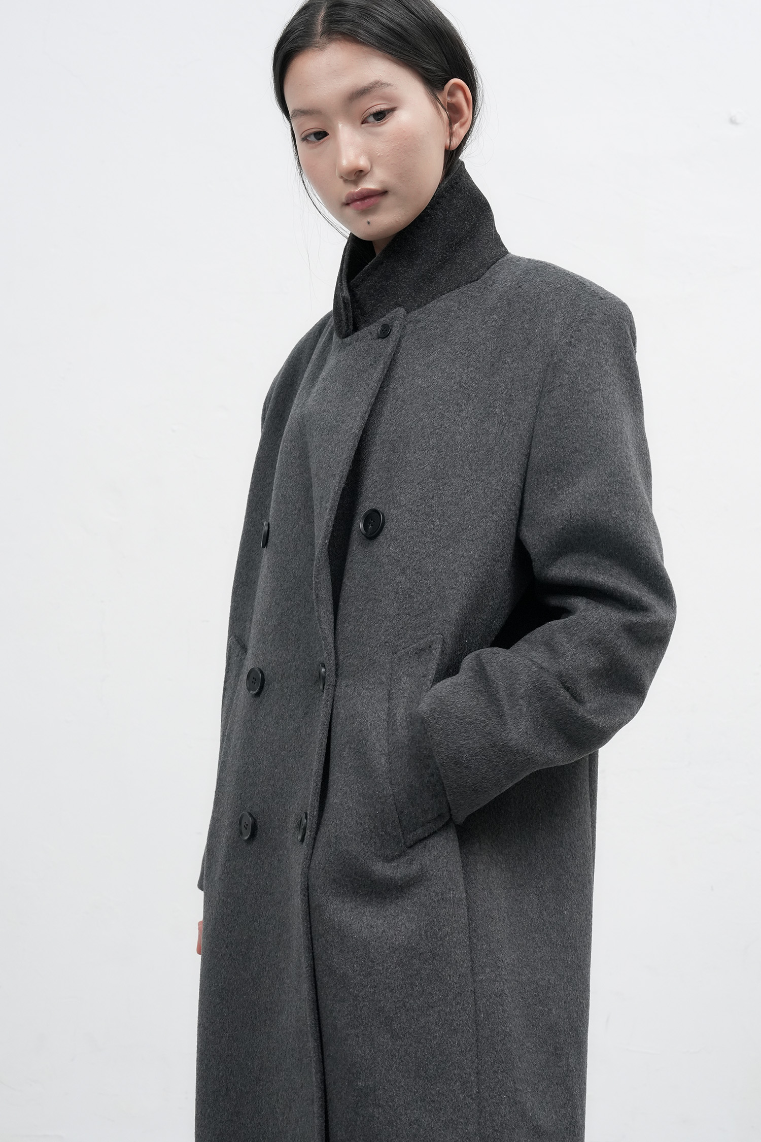 WOMAN ダブルブレストウールロングコート [CHARCOAL]