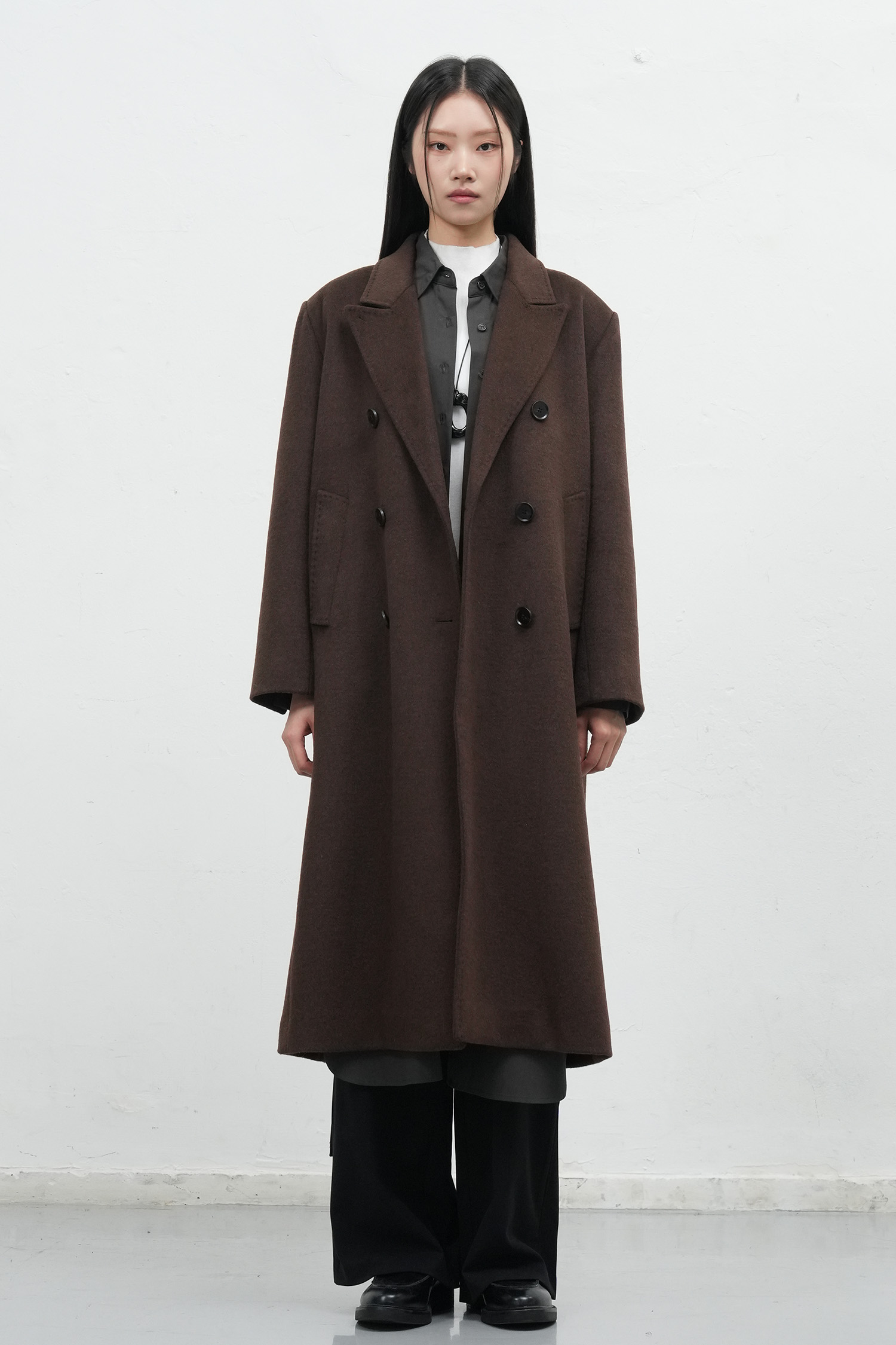 WOMAN ダブルブレストウールロングコート [DARK BROWN]