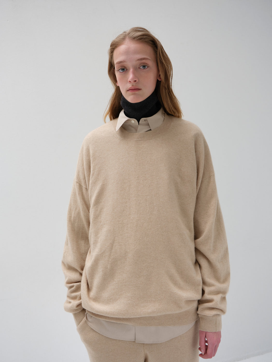 モンゴリアンカシミヤ エルボーパッチ クルーネック, Natural Beige