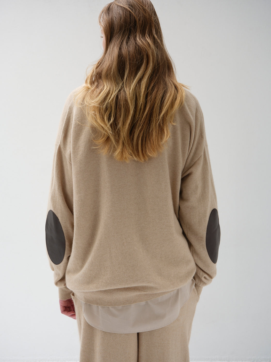 モンゴリアンカシミヤ エルボーパッチ クルーネック, Natural Beige