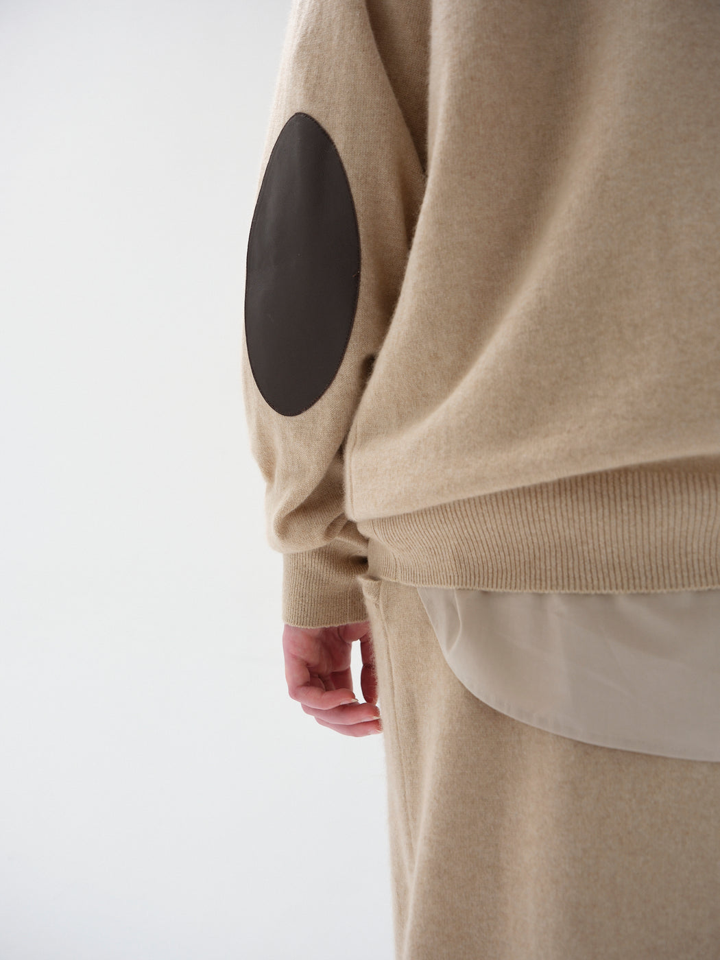 モンゴリアンカシミヤ エルボーパッチ クルーネック, Natural Beige