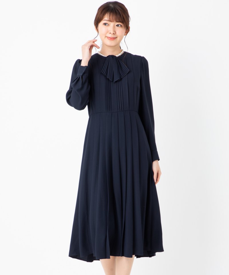 CELFORD セルフォード リボンタイ付きプリーツワンピース ネイビー系