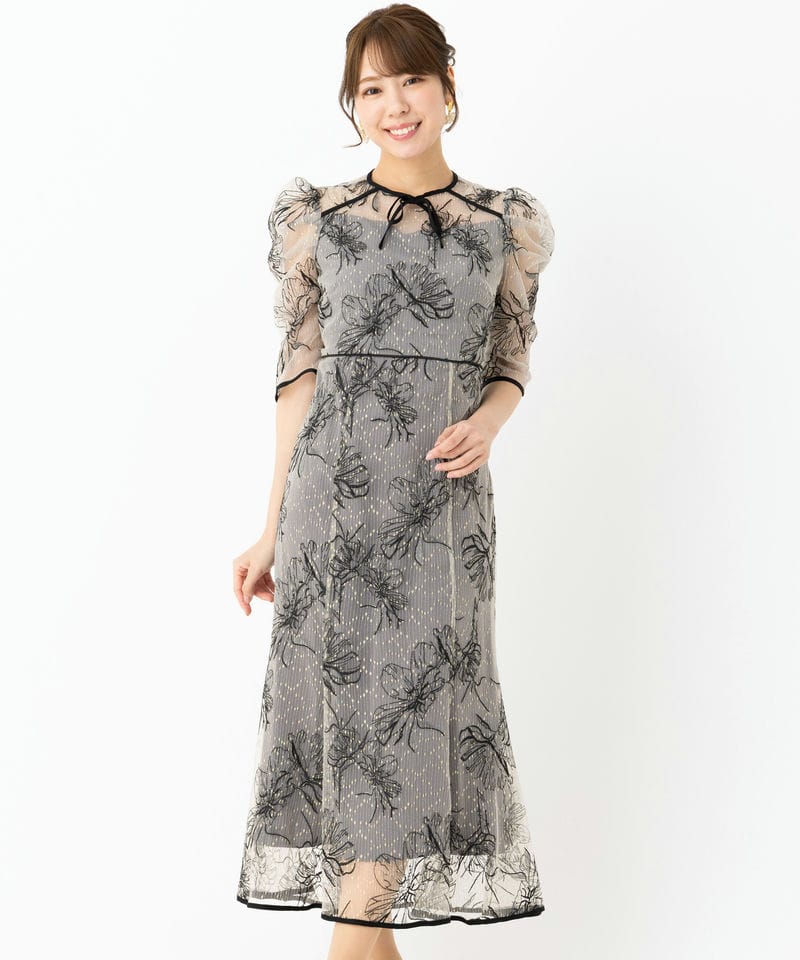 Leja レジャ 花柄刺繍レースフロントバックリボンパフスリーブドレス