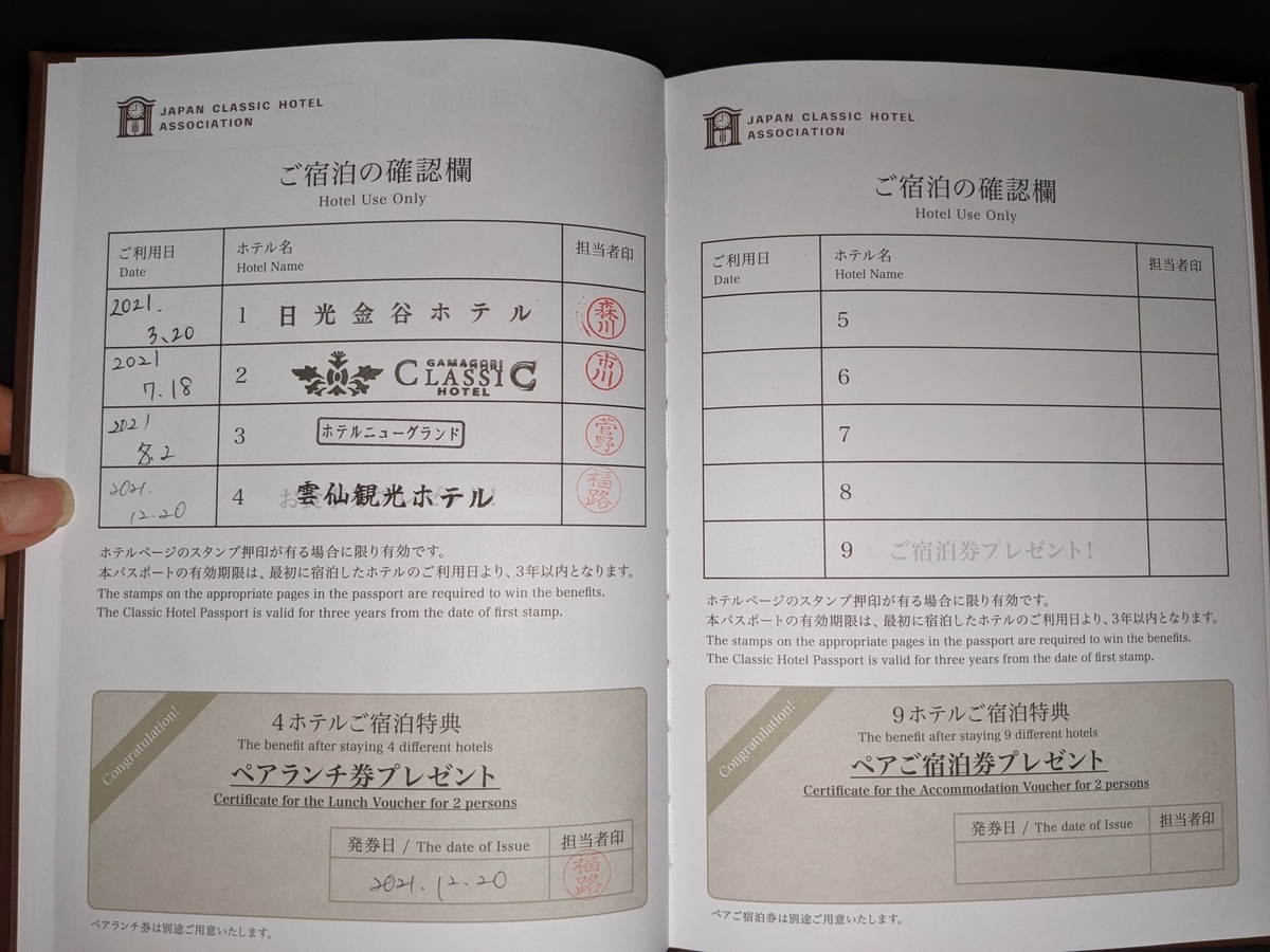 日本クラシックホテルパスポートでスタンプを集めてランチ券や宿泊券を